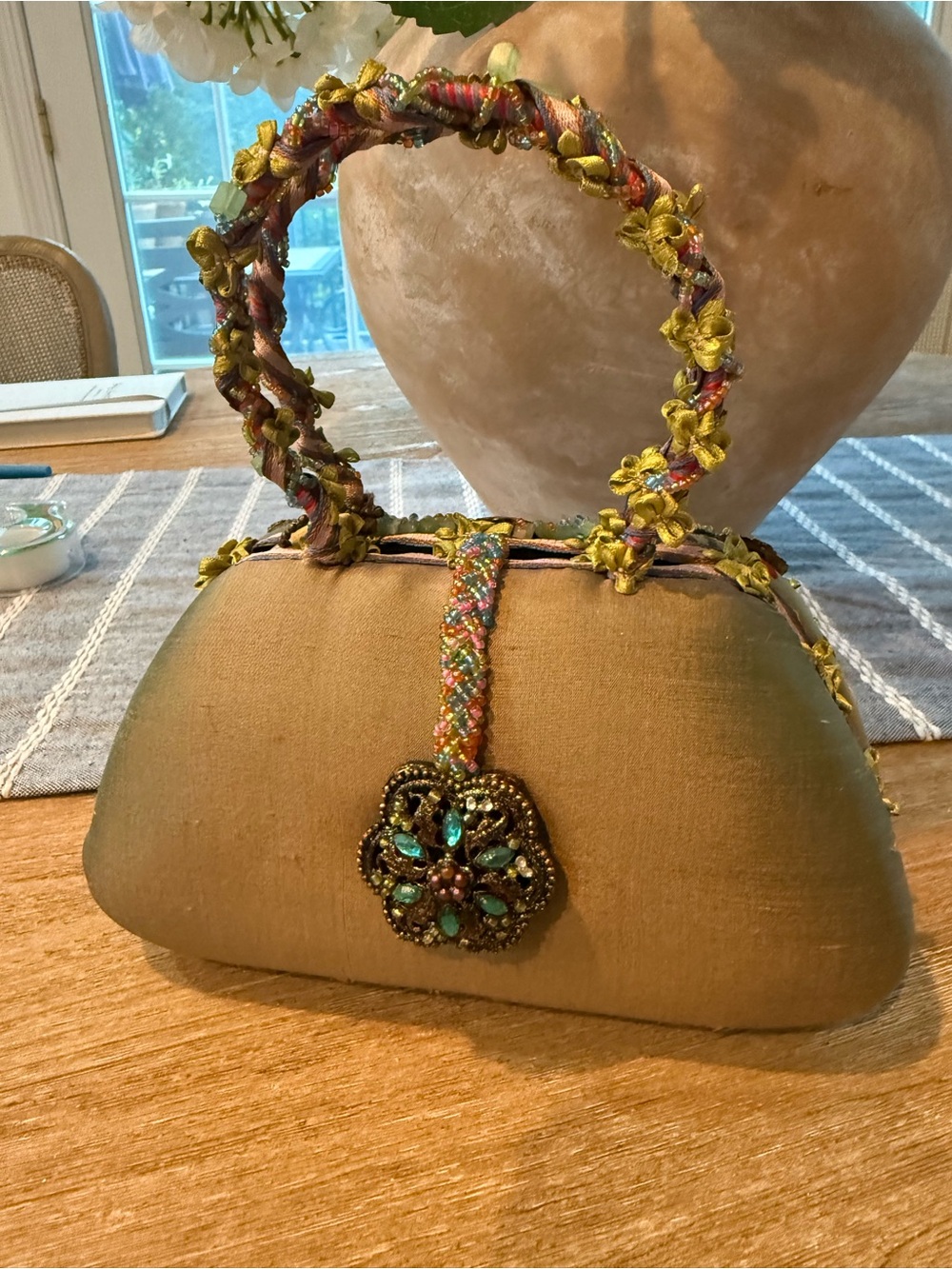 Retired Mary Frances silk Hard Shell Jeweled Medallion Handbag